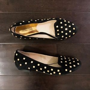 Michael Kors Black Suede Flats w Gold Studs
